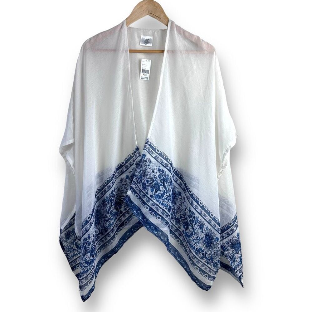 Sears Women's One‎ Size Lightweight Kaftan Shawl White Blue Floral Ruana Ink New